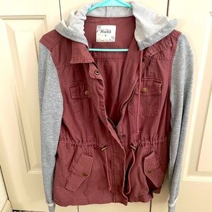 Mudd Maroon Jacket with gray sweatshirt sleeves. Size: Medium.